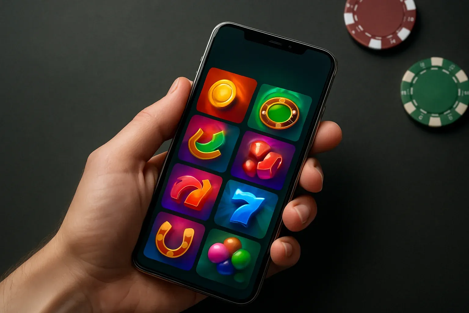 Flagship Android smartphone showing premium casino app interface with colorful tiles