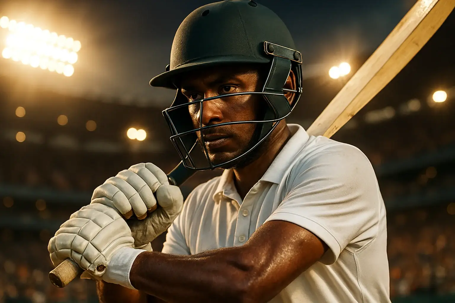 Bangladeshi male cricket batsman mid-swing under stadium floodlights, crowd bokeh