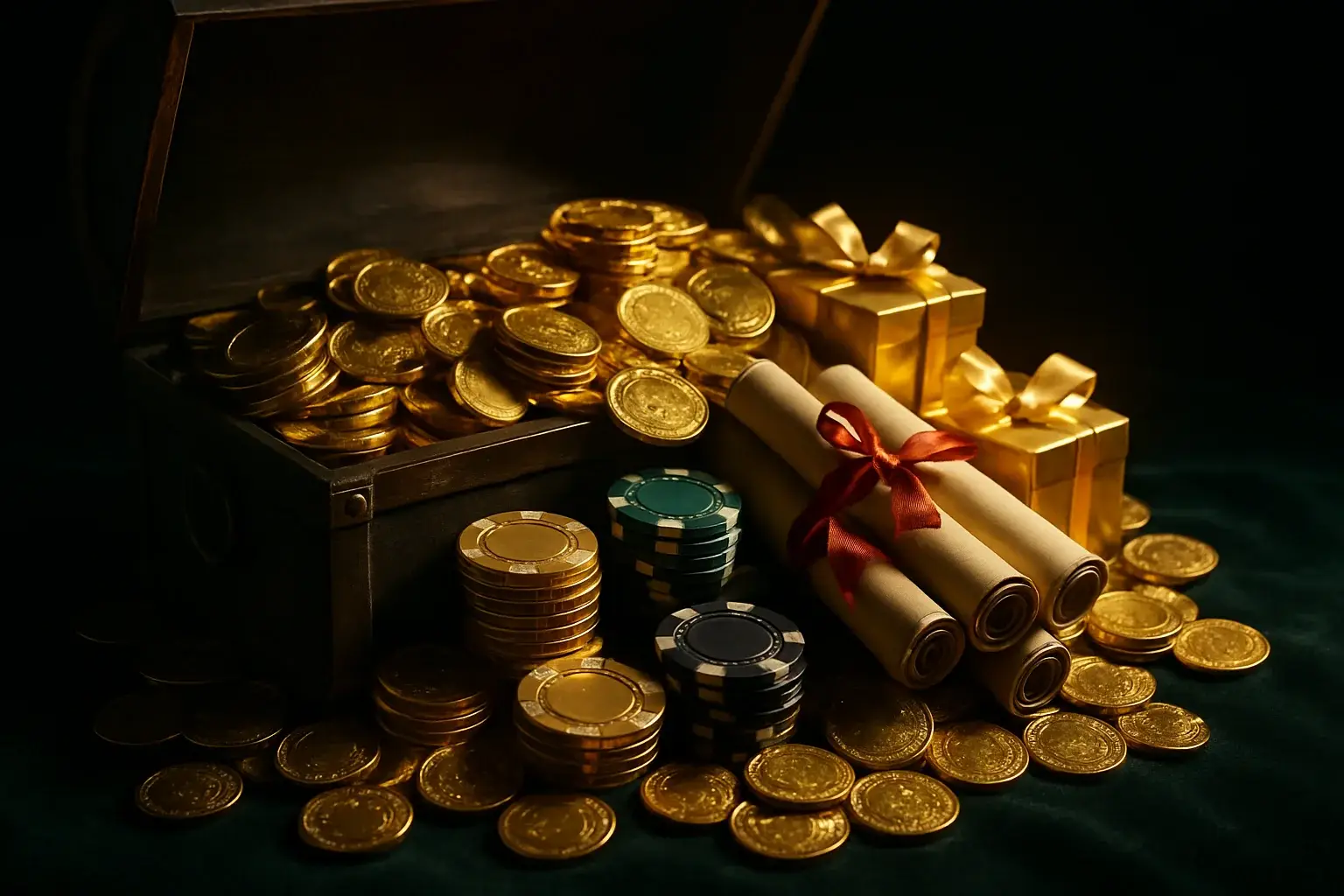 Overflowing treasure chest with gold coins, casino chips, bonus vouchers, and gift boxes