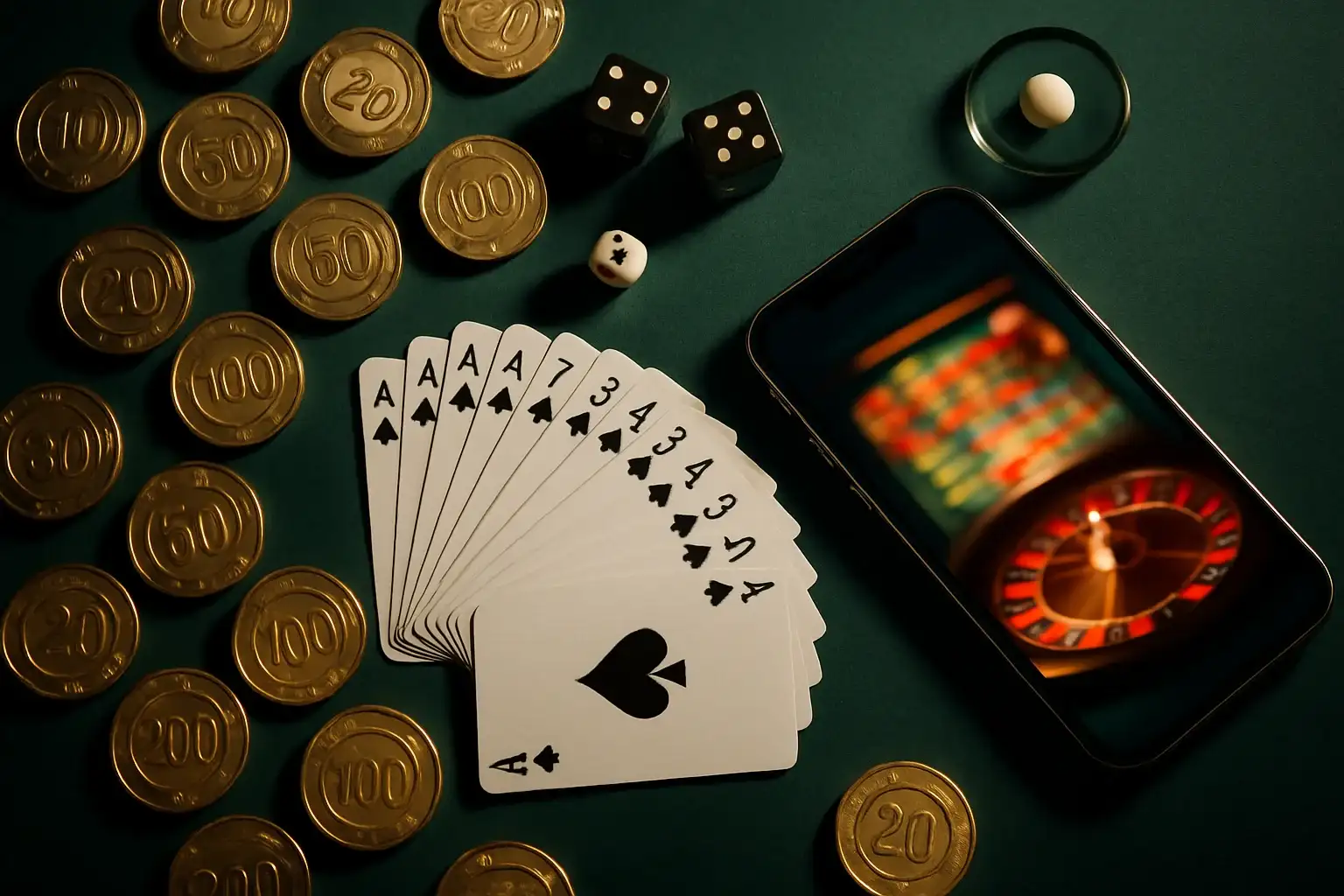 Top-down casino table with golden chips, cards, dice, roulette ball, smartphone