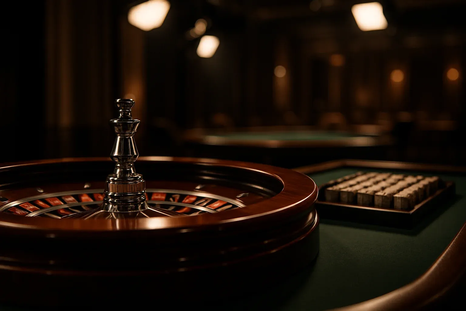 Hyperrealistic wide shot of empty roulette table in premium live casino studio