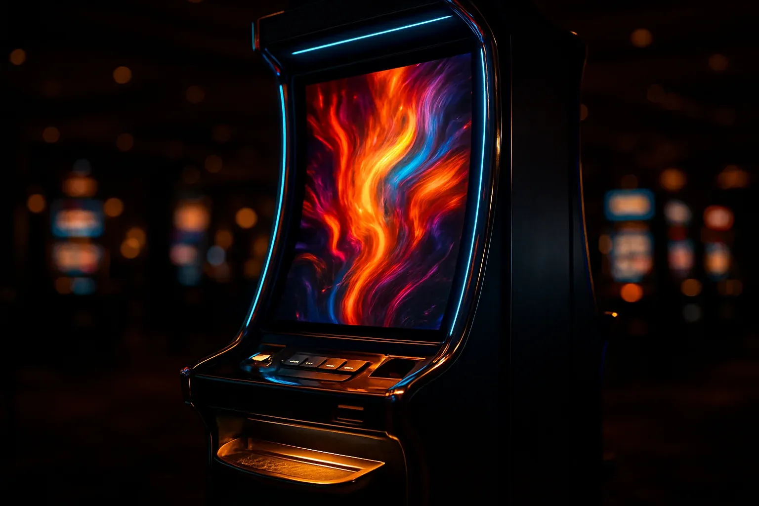 Hyperrealistic wide shot of premium slot machine in dark luxury casino